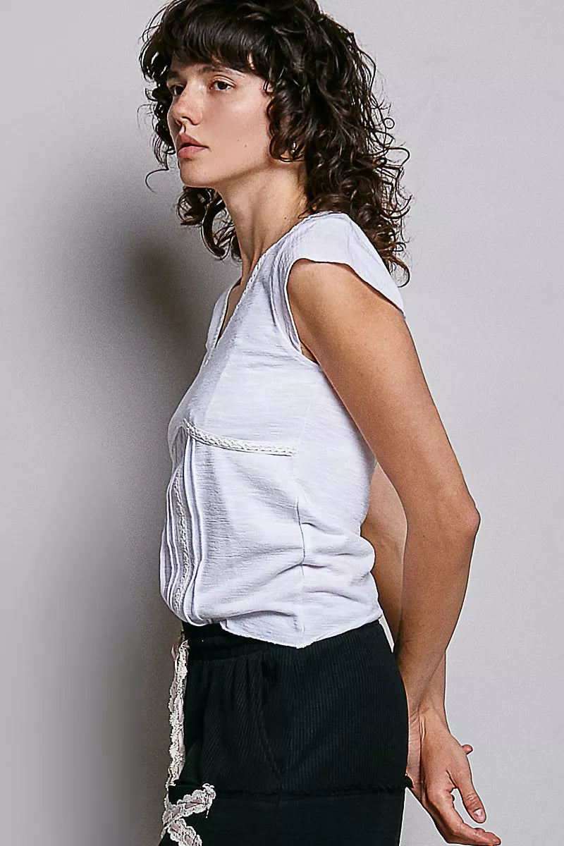 POL V-Neck Lightweight Textured Short Sleeve Knit Top with Lace Trim