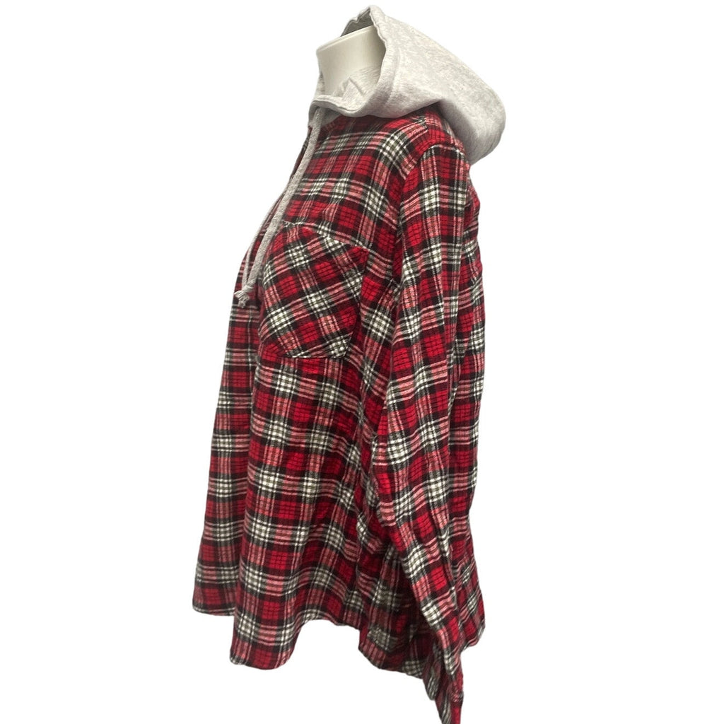 New Hand Printed Womens Small Rustic Pine Cone Long Sleeve Plaid Flannel Hoodie