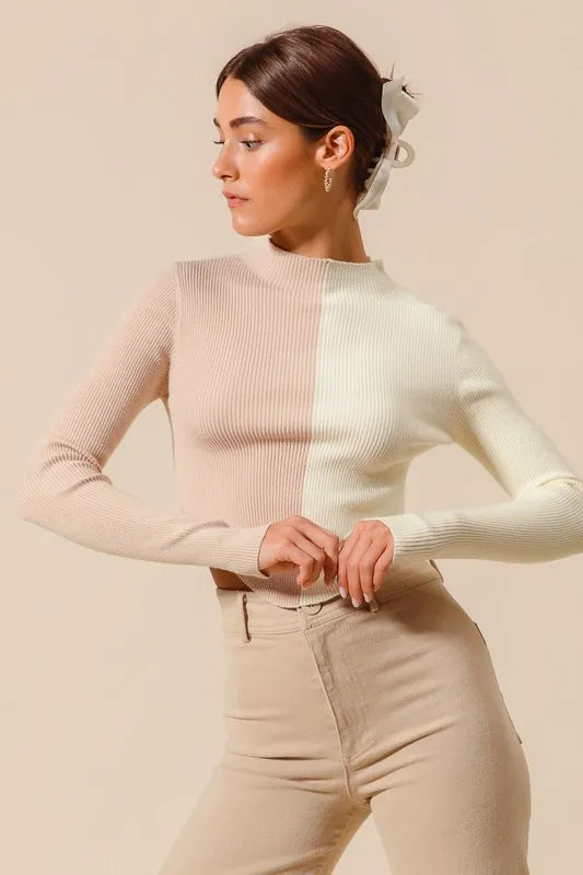SO ME Color Block Fitted Crop Sweater Top