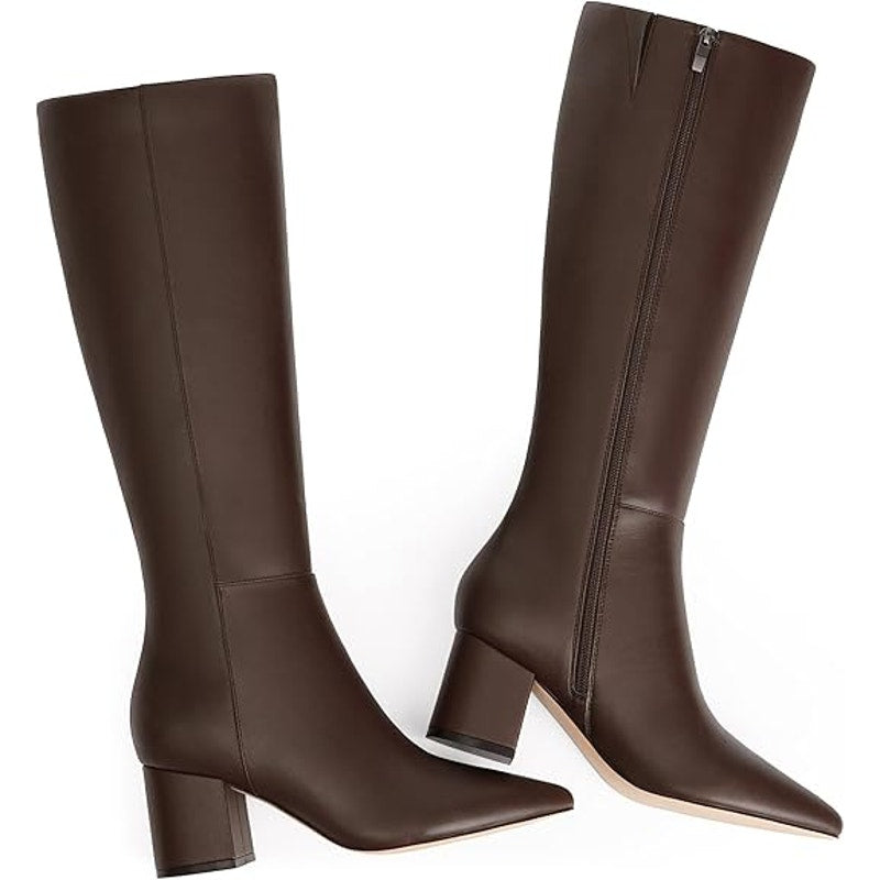 New Easyfox Womens Size 10 Brown Faux Leather 3" Block Heel Zip Knee High Boots