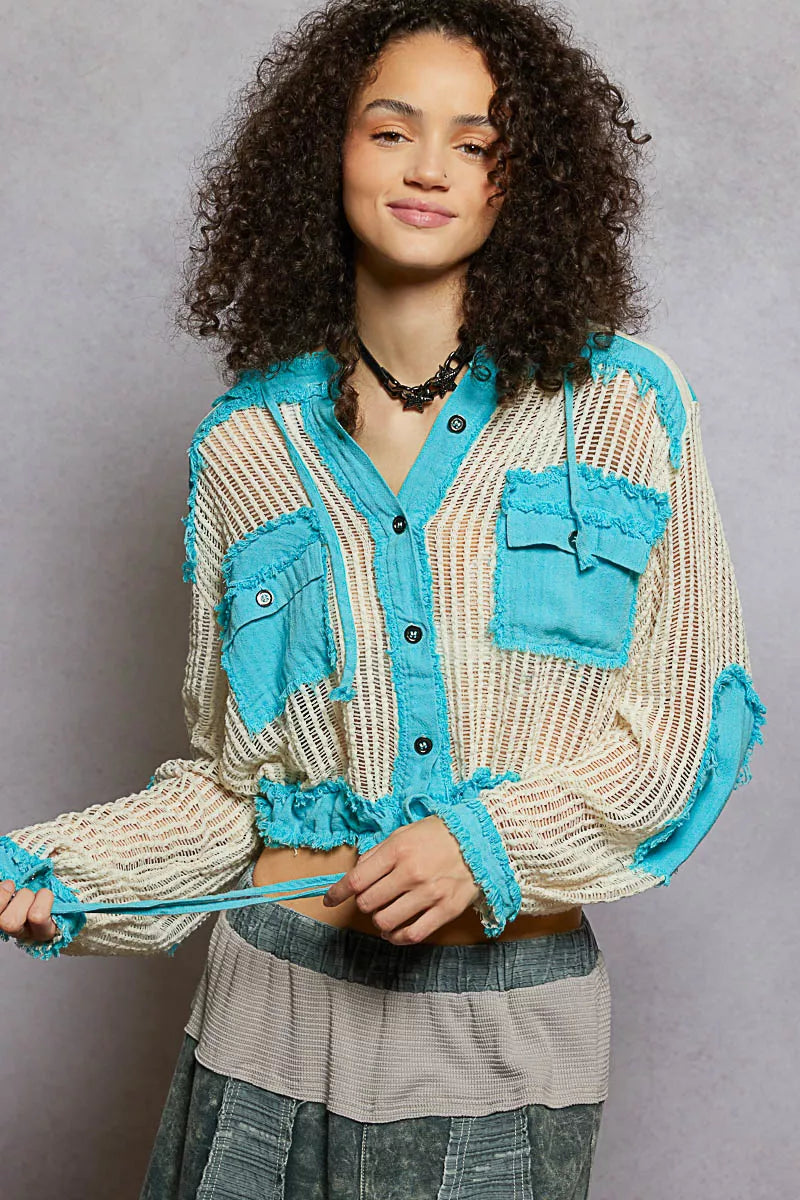 POL Texture Woven Button Down Hooded Shirt with Drawstring Hem