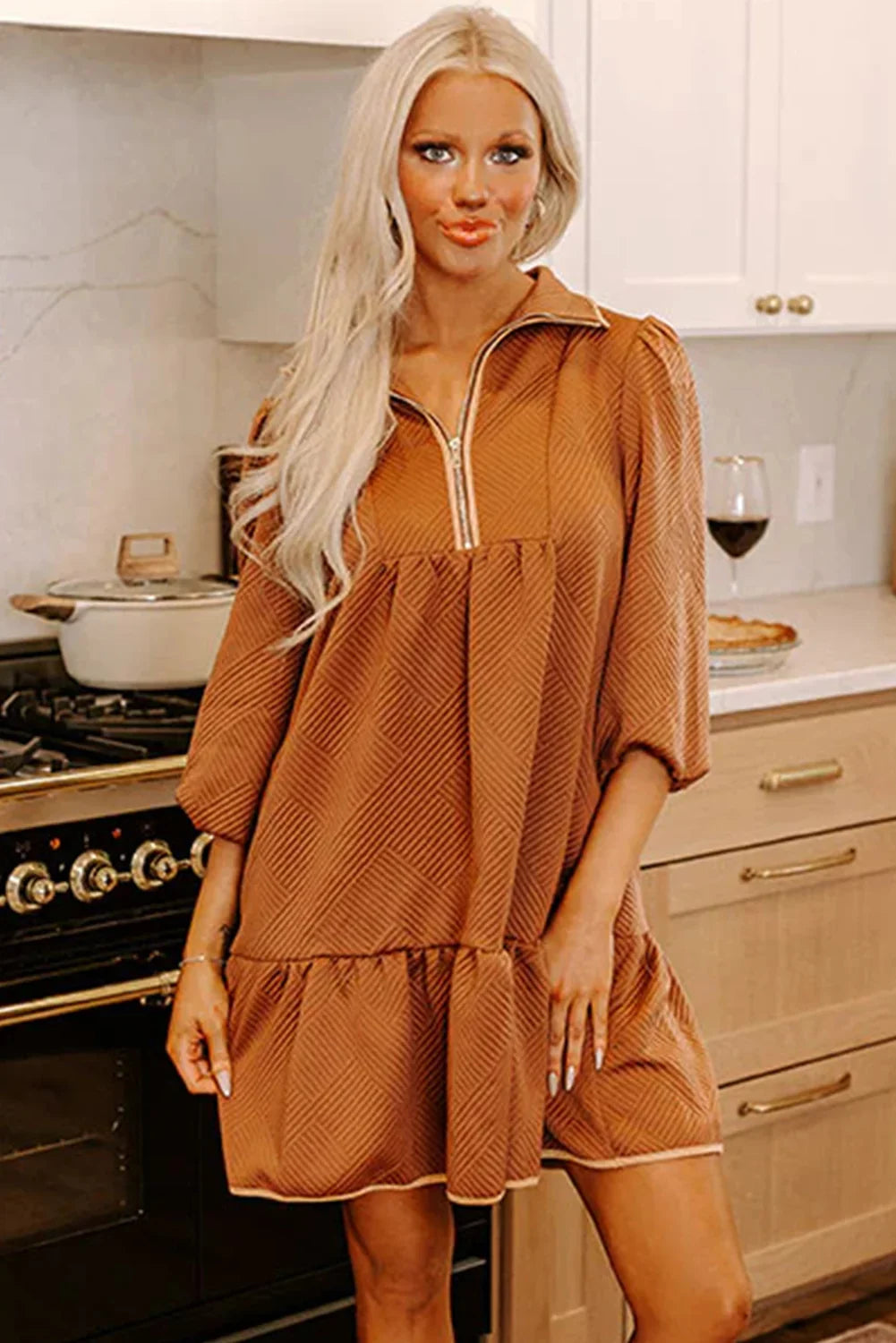 Desert Gold  Quarter Zip Collar Bracelet Sleeve Textured Mini Dress