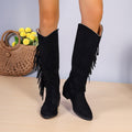 Women's Pointed-Toe Low-Heel Suede Long Boots – Slip-On Tassel Ankle Boots