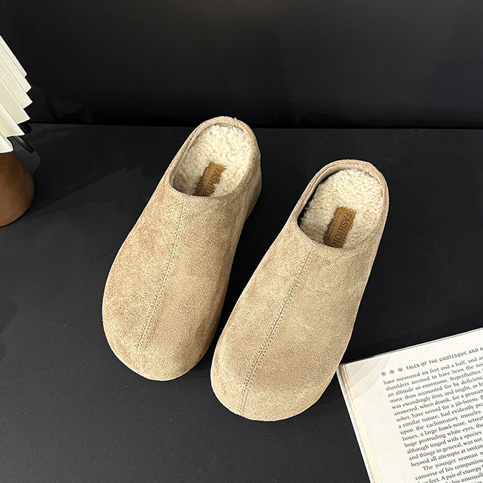 Women's Round-Toe Chunky Heel Platform Half Slippers | Faux Fur Lined Suede Mule Shoes