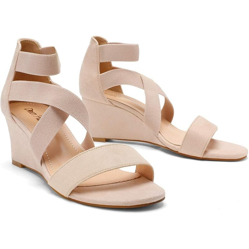 Dream Pairs Womens 8 Tan Faux Suede Elastic Ankle Strap 2.5" Wedge Heel Shoes