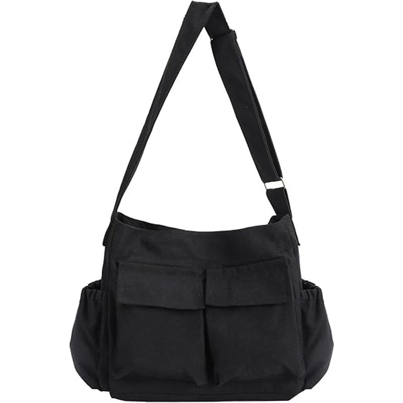 Vodiu Large Black Canvas Messenger Multi Pocket Adjustable Strap Crossbody Bag