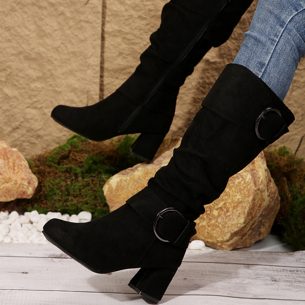 Women's Belt Buckle Chunky Heel Mid-Calf Boots | Suede Pointed Toe Fall Winter
