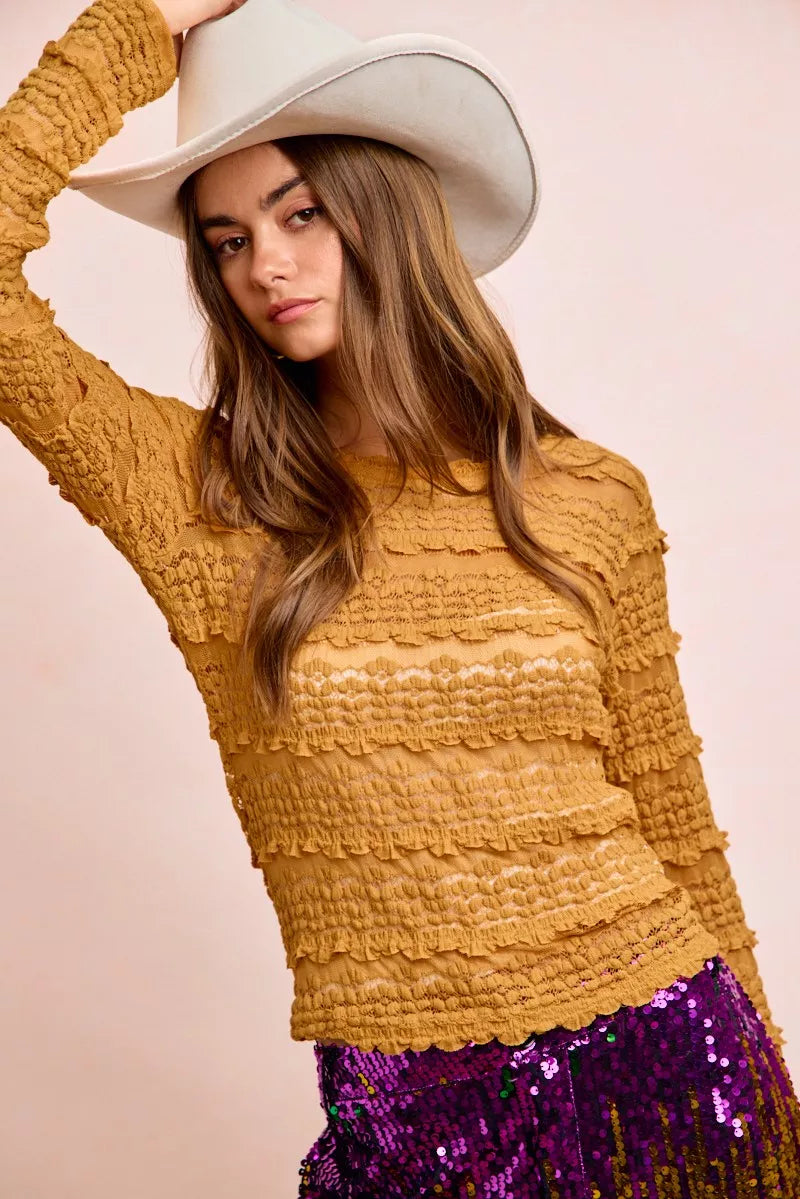 BiBi Ruffles Detail Mardi Gras Color Flower Lace Top