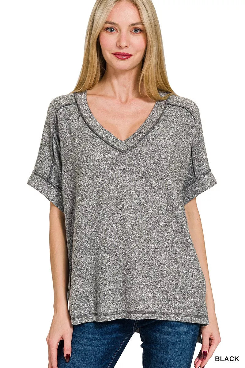 Zenana Full Size Soft Melange Hacci V-Neck Short Sleeve Hi-low Tee Plus Size