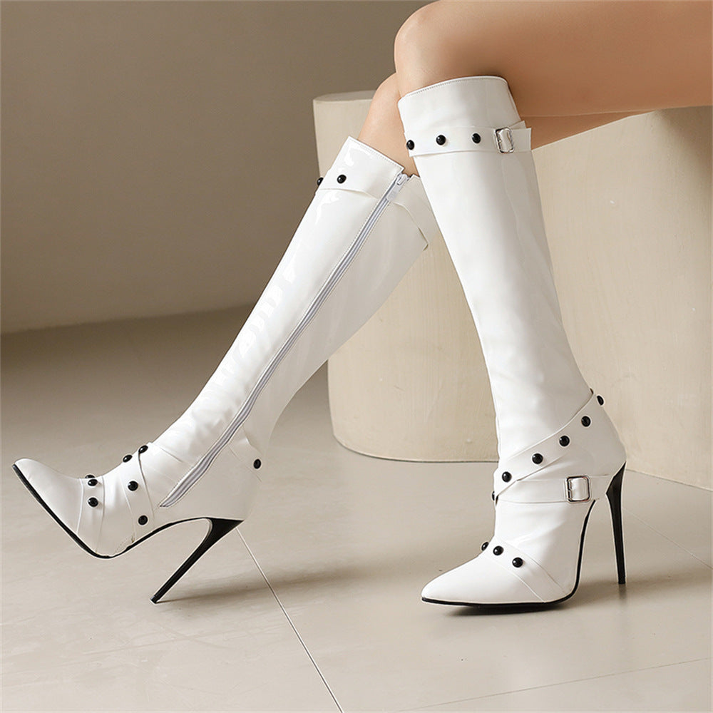Women's Stiletto Heel Rivet Long Boots - Pointed Toe High Shaft Side Zipper Boots