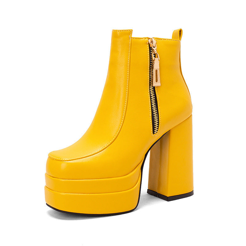 Women's Square Toe Chunky Heel Ankle Boots - Waterproof Platform Side Zipper Boots