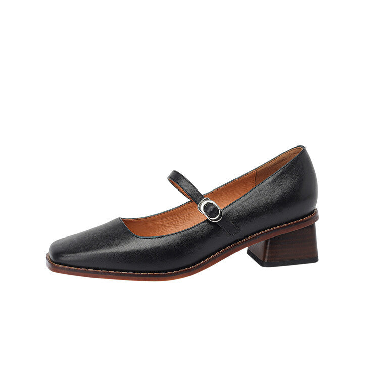 Retro Square Toe Chunky Heel Leather Pumps - Genuine Cowhide Leather Women's Shoes