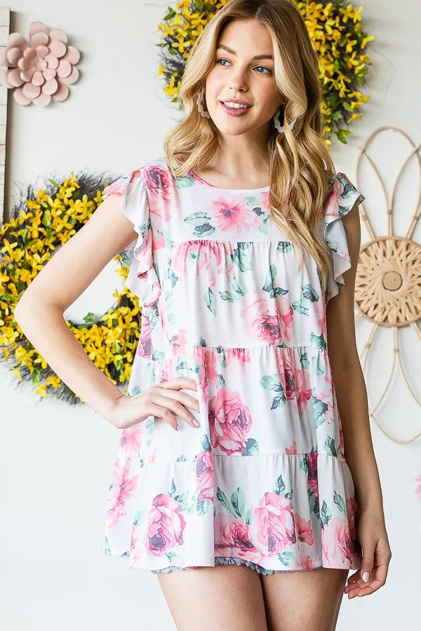 Heimish Full Size Butterfly Short Sleeve Round Neck Floral Print Tiered Top Plus Size