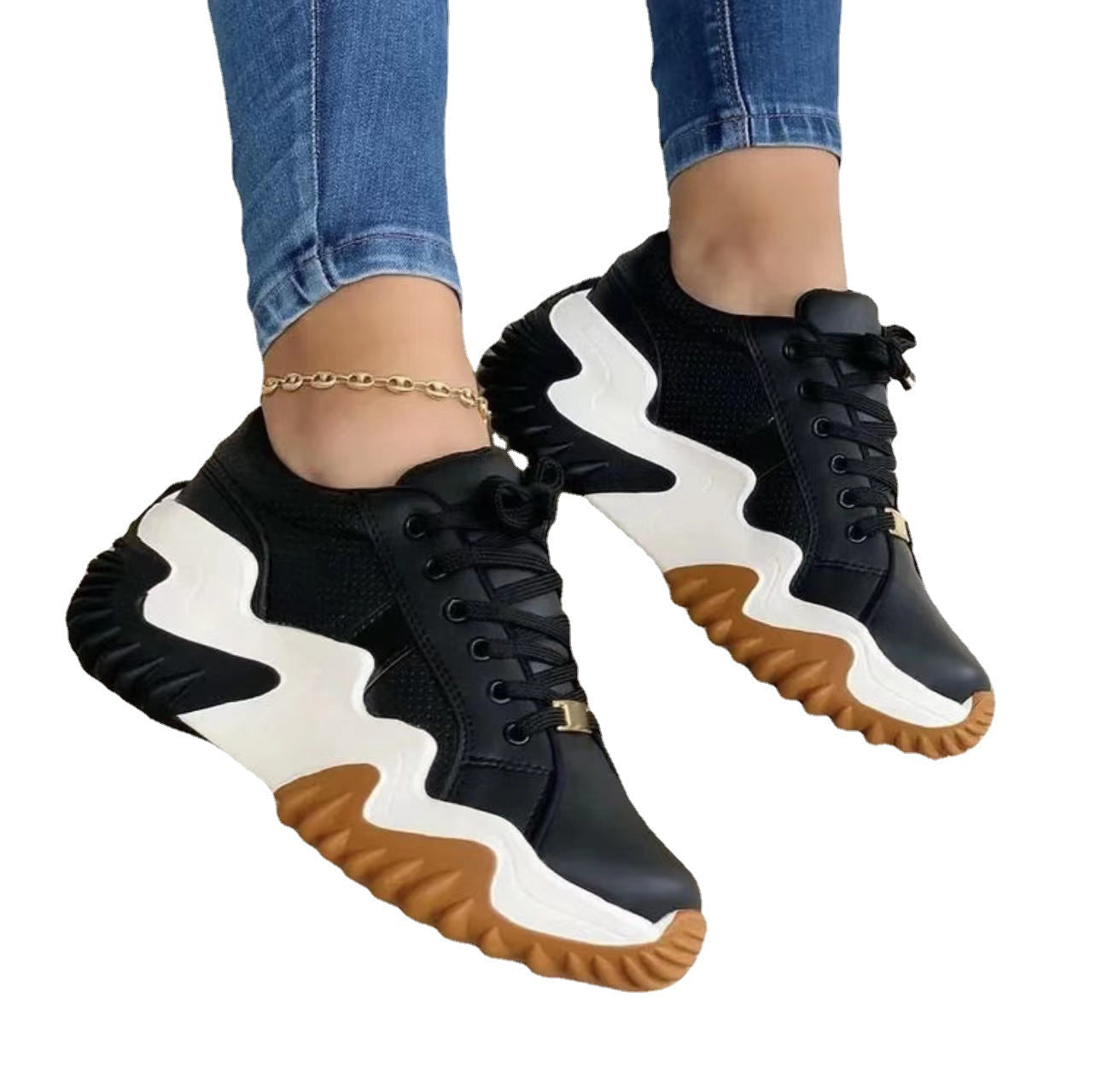 Women's Lace-Up Platform Sneakers | Patent Leather Round-Toe Chunky Heels