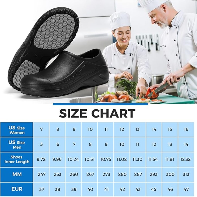 Teytap Mens Size 8 Black Slide On Waterproof Slip Resistant Chef Clogs Shoes