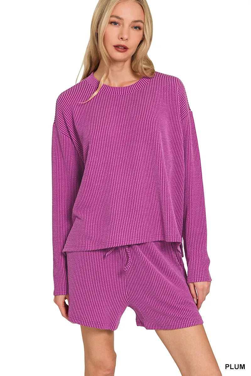 Zenana Corded Rib Long Sleeve Tee and Shorts Set