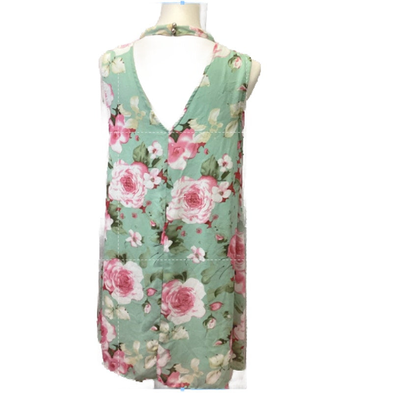 Jodifl Womens Large Green Pink Floral Flowy V Neck Back Polyester Sheath Dress