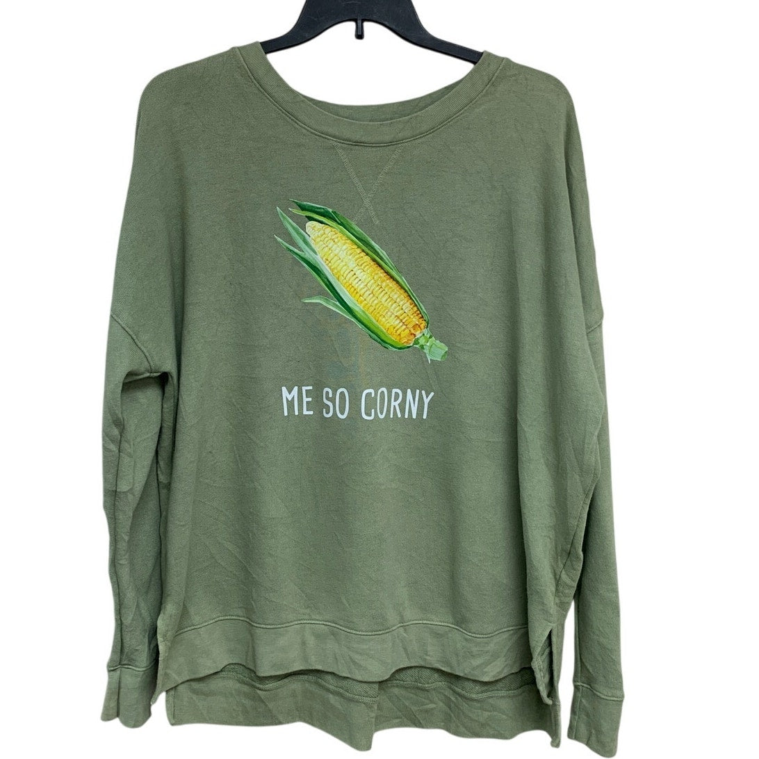 Upcycled Hand Printed Womens 3XL Me So Corny Corn Veggie Long Sleeve Sweatshirt