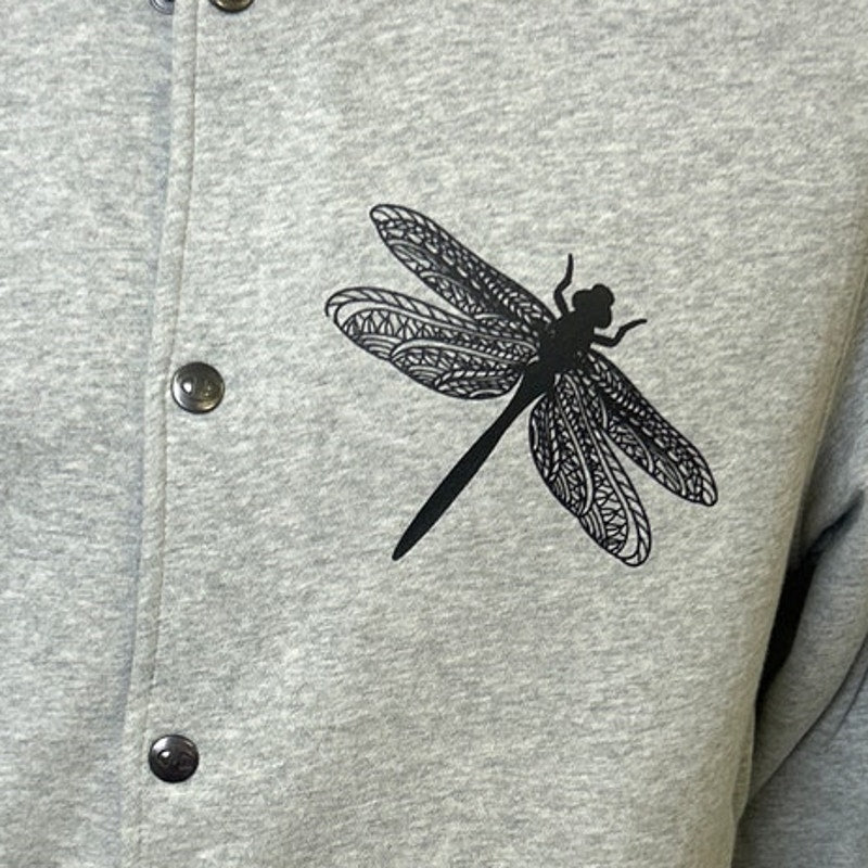 New Champion Unisex Small Gray Snap Up Hand Printed Dragonfly Bomber Jacket