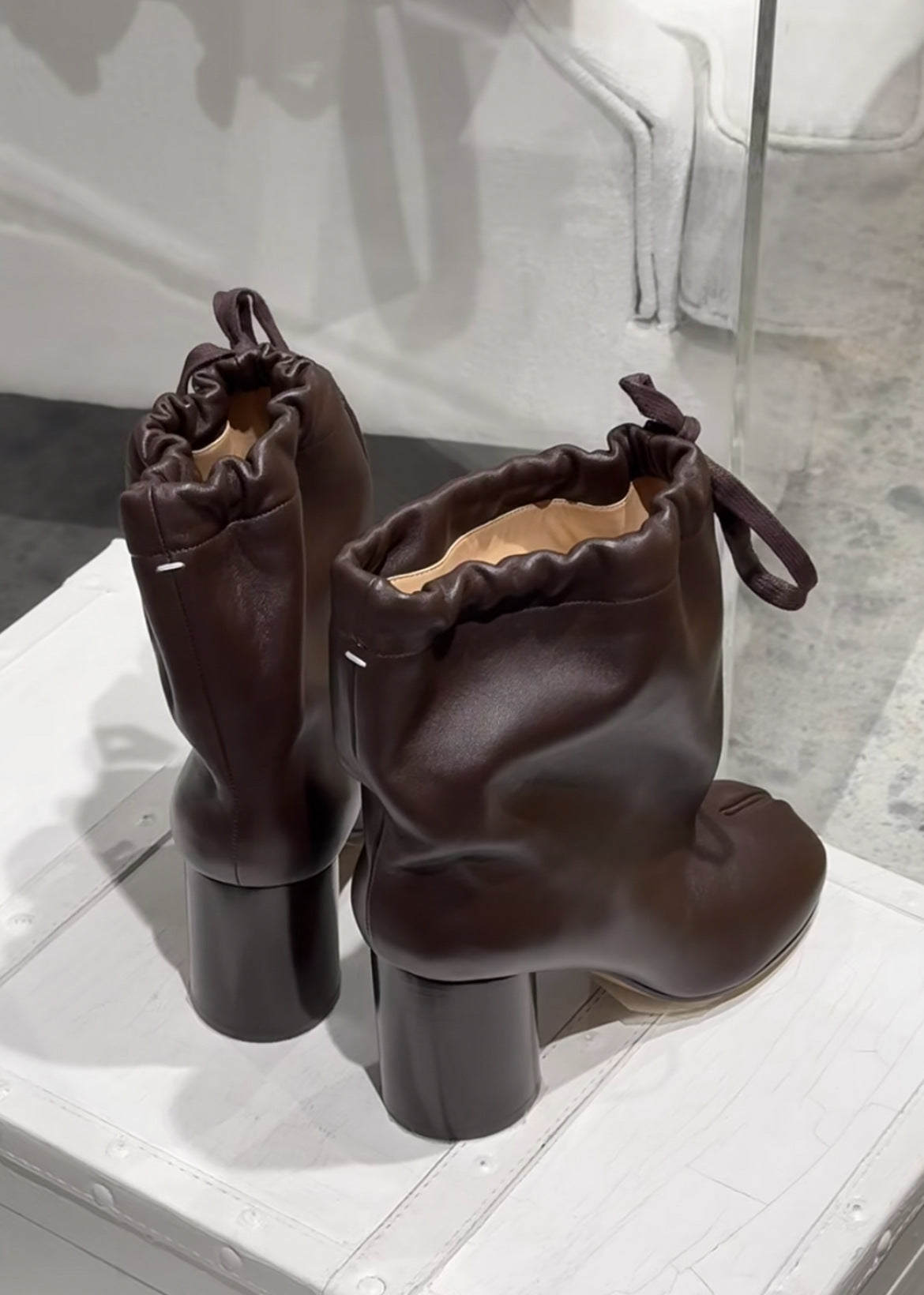 Women's Split-Toe Leather Boots - Mid-Calf Chunky Heel Lace-Up Boots
