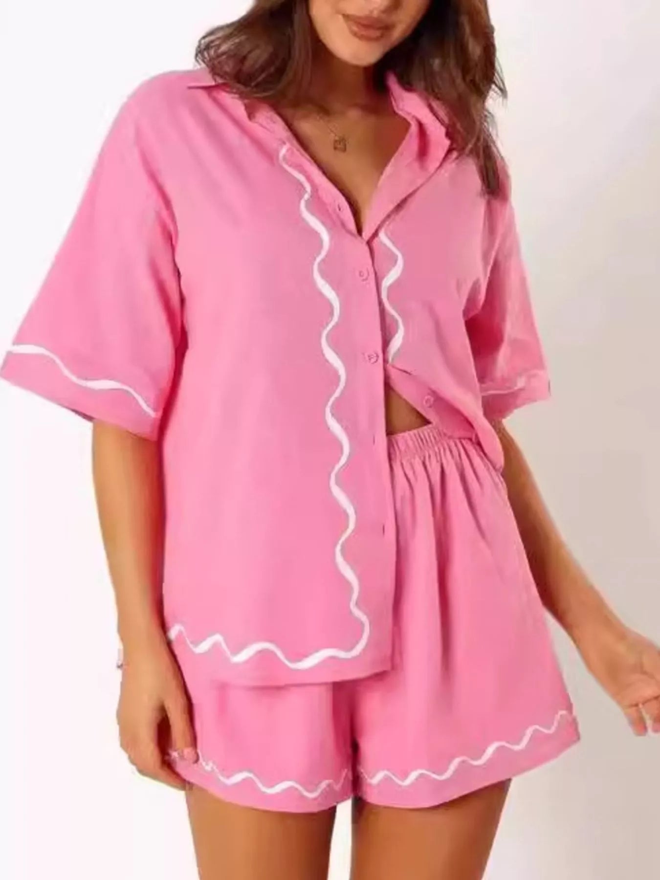 Button Down Contrast Trim Shirt and Shorts Set