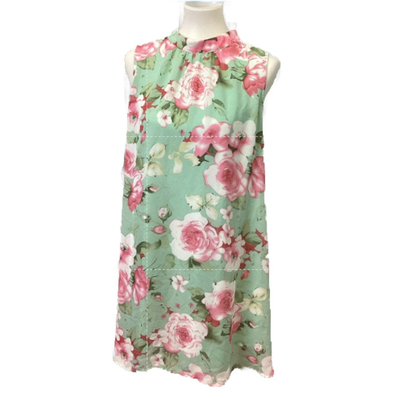 Jodifl Womens Large Green Pink Floral Flowy V Neck Back Polyester Sheath Dress