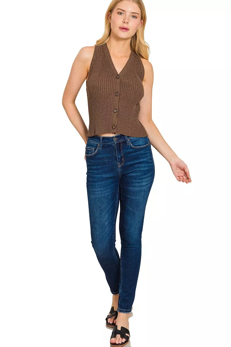 Zenana Ribbed Knit Button-Down Sweater Vest