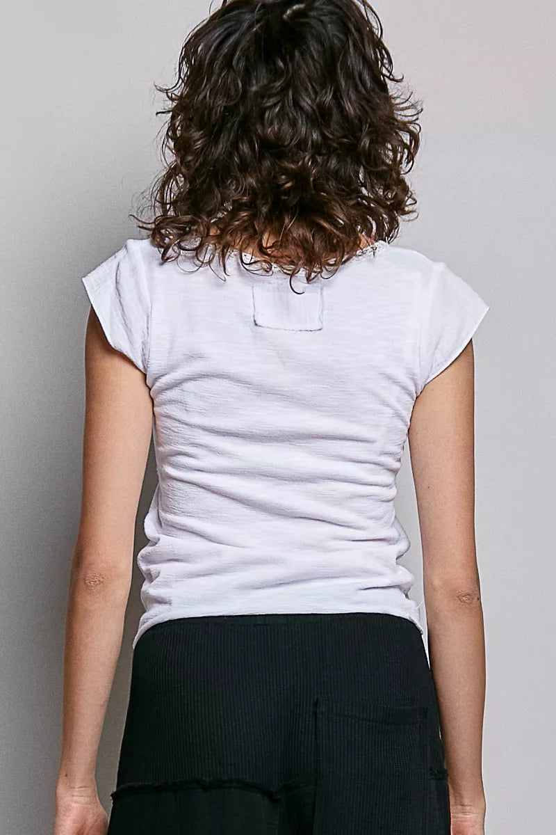 POL V-Neck Lightweight Textured Short Sleeve Knit Top with Lace Trim