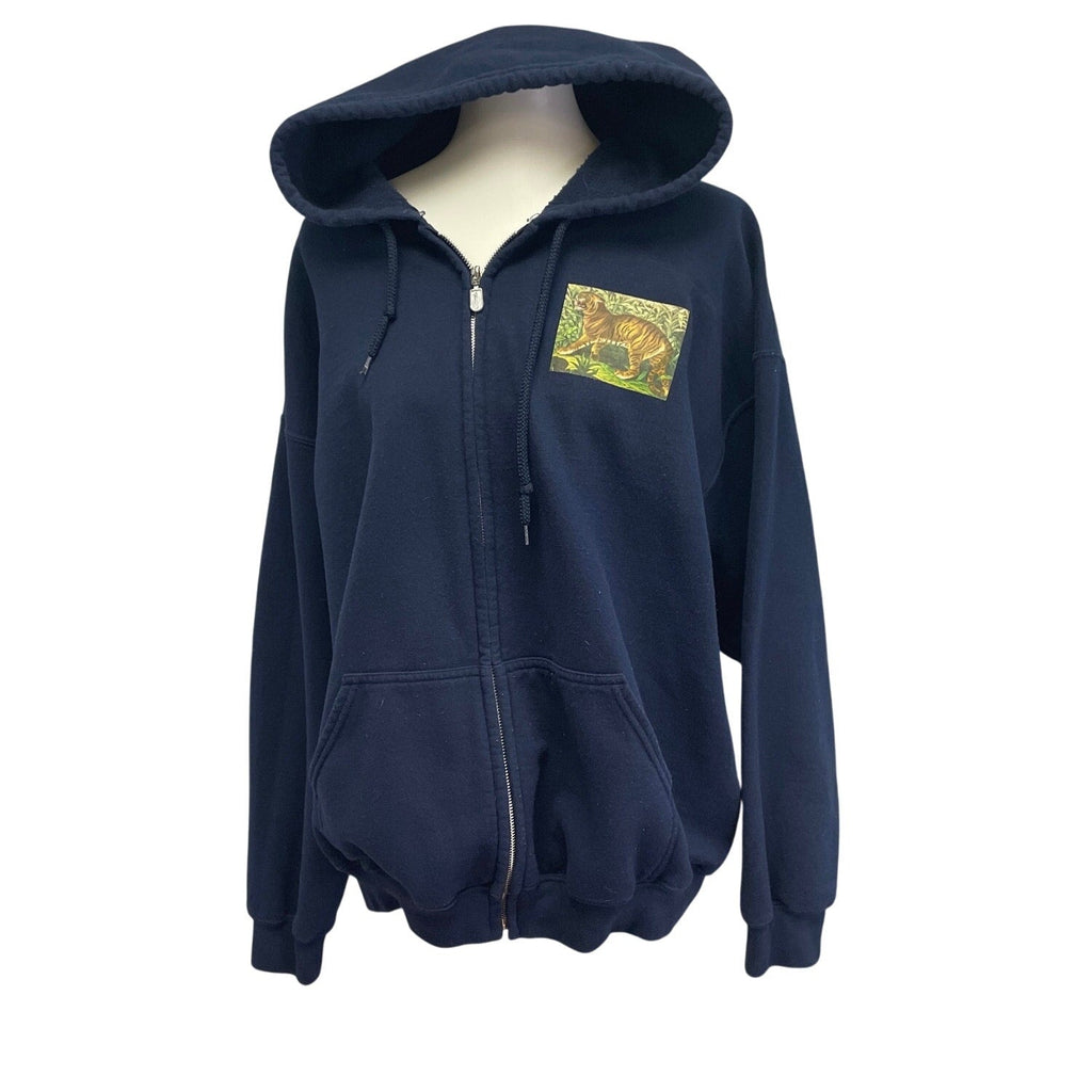 Hand Printed Upcycled Mens XL Wild Tiger Cotton Blend Sweatshirt Hoodie Jacket
