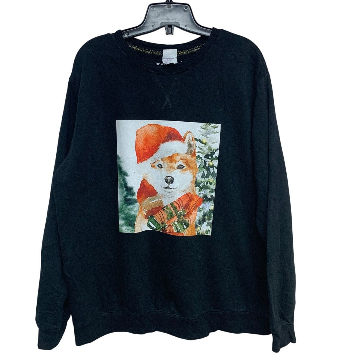 Upcycled Hand Printed Womens XL Christmas Santa Dog Long Sleeve Sweatshirt