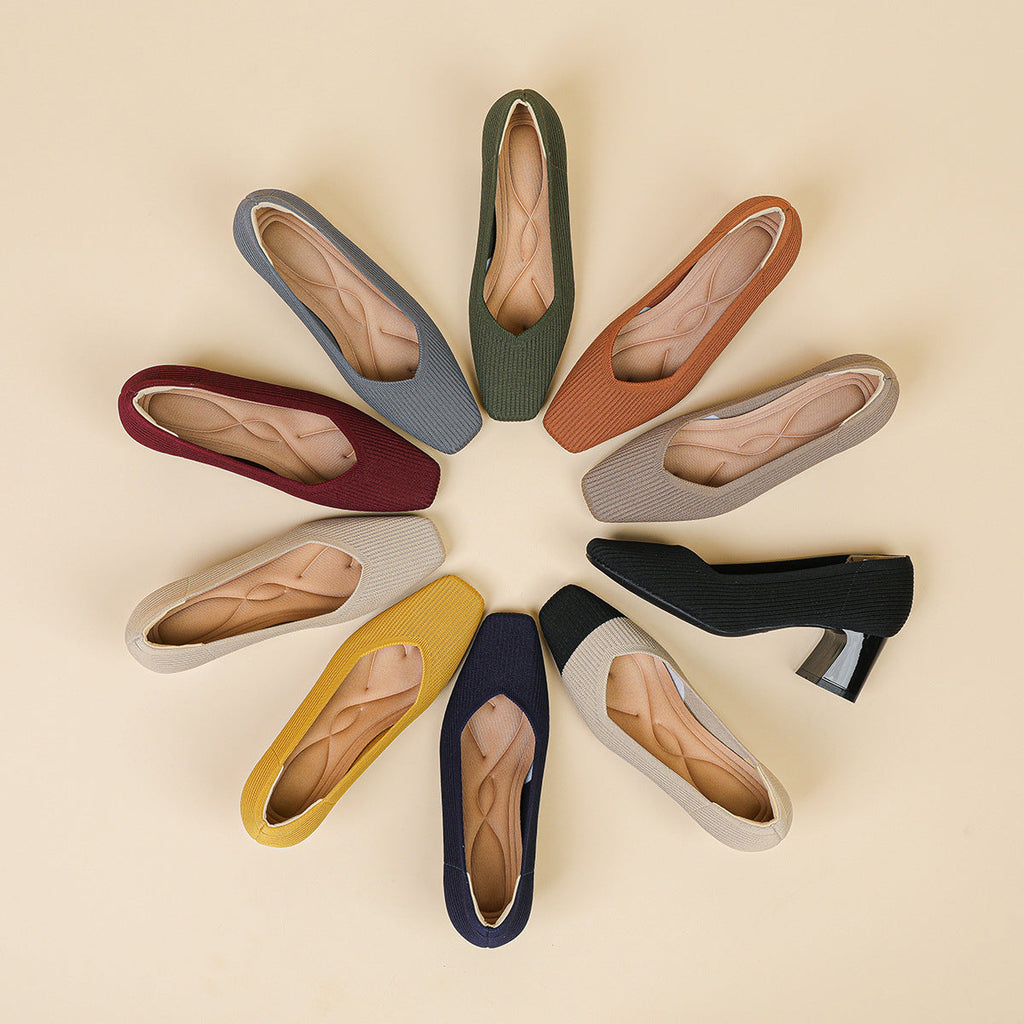 Women's Chunky Heel Square Toe Slip-On High Heels | Flyknit Upper | Multiple Colors