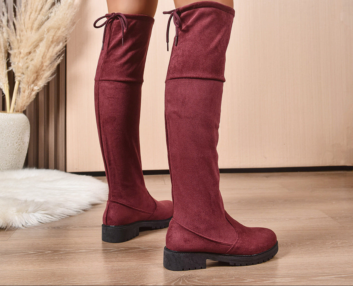 Women's Burgundy Suede Lace-Up Knee High Boots | Chunky Heel Side Zip