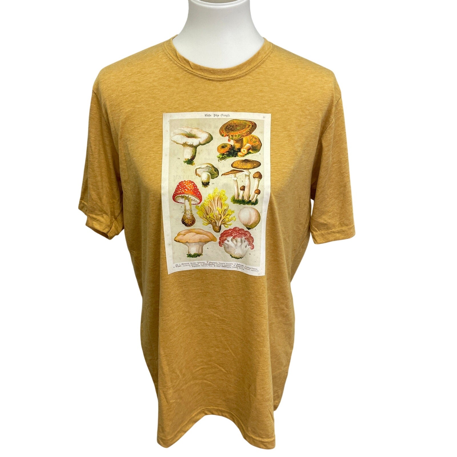 Hand Printed Upcycled Womens Large Vintage Reference Book Mushroom Fungi Tee