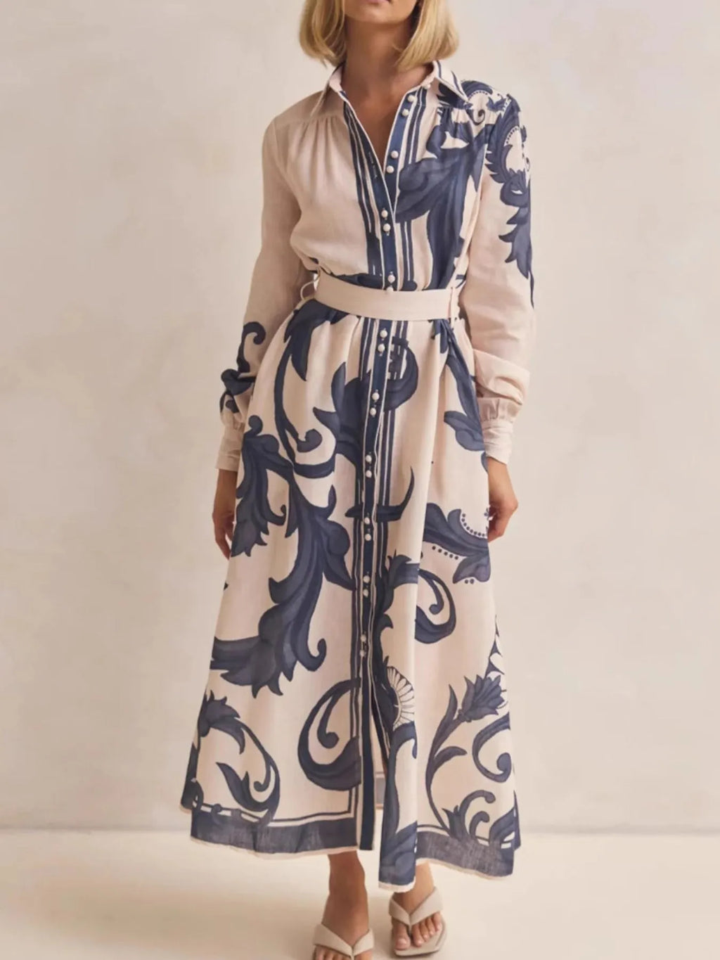 Printed Button Down Belted Shirt Dress