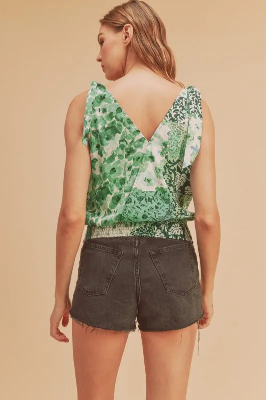 Aemi + Co Smocked Hem Printed Surplice Tank