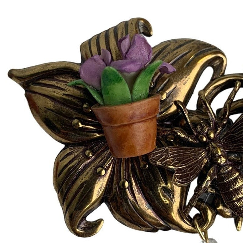 Vintage Ladybug Gardening Ceramic Flower Pot Violet Metal Pin Brooch w Gift Box