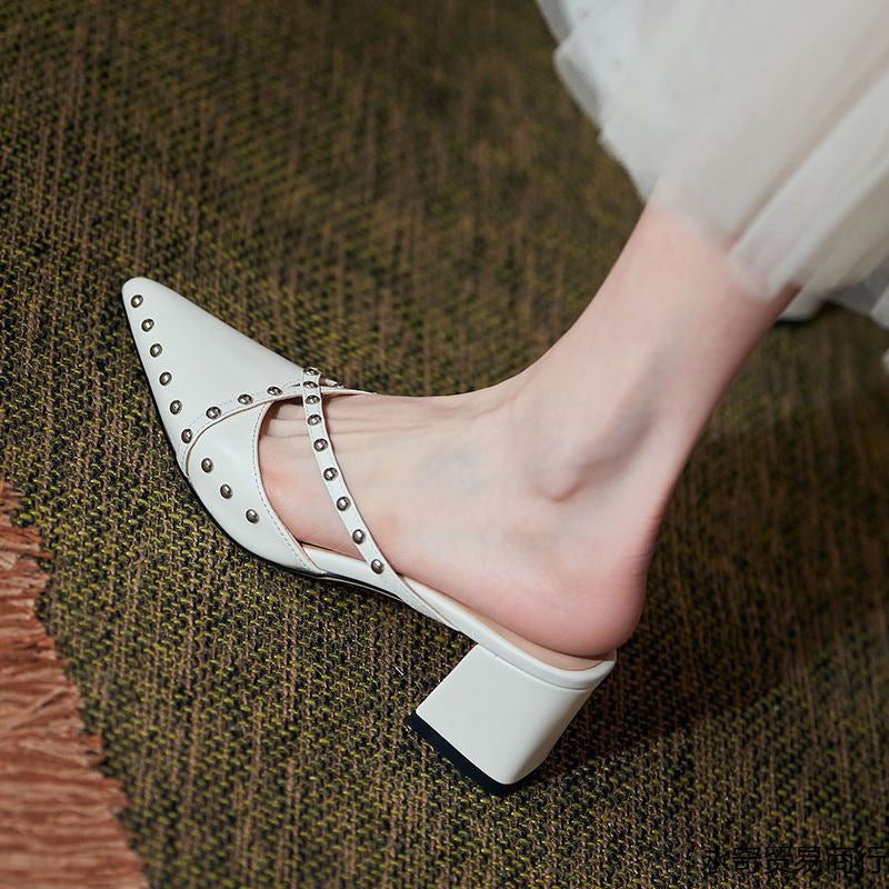 Women's Chunky Block Heel Pointed Toe Studded Slip-On Shoes | PU Leather Korean Style Heels