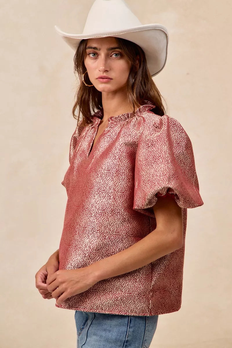 BiBi Jacquard Woven Short Balloon Sleeves V Neck Top