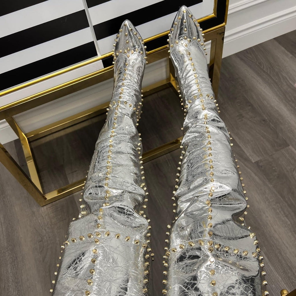 Women's Gold Studded Stiletto Pointed-Toe Fashion Boots | High Heel Slip-On
