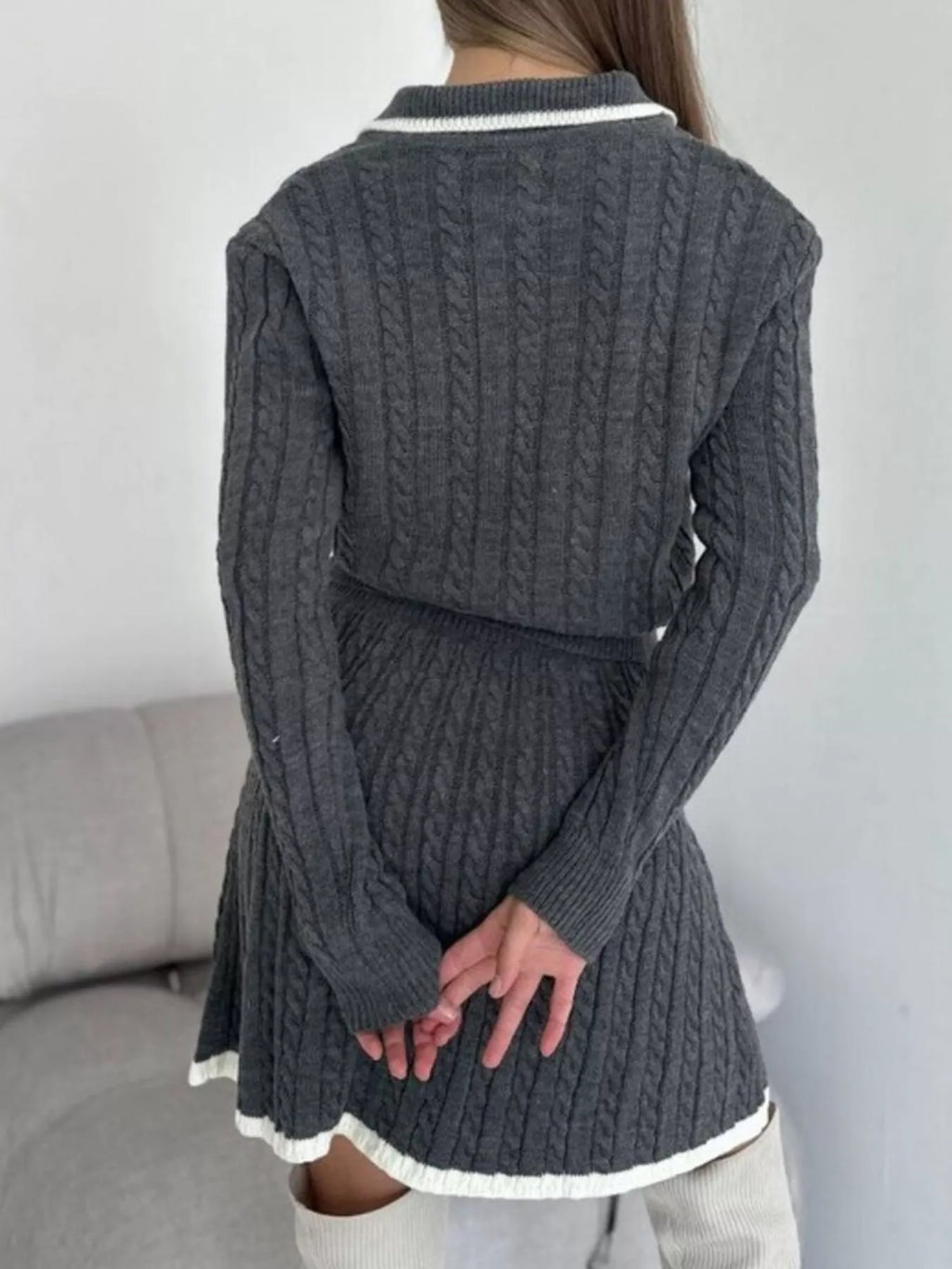 Cable Knit Long Sleeve Top and Skirt Sweater Set