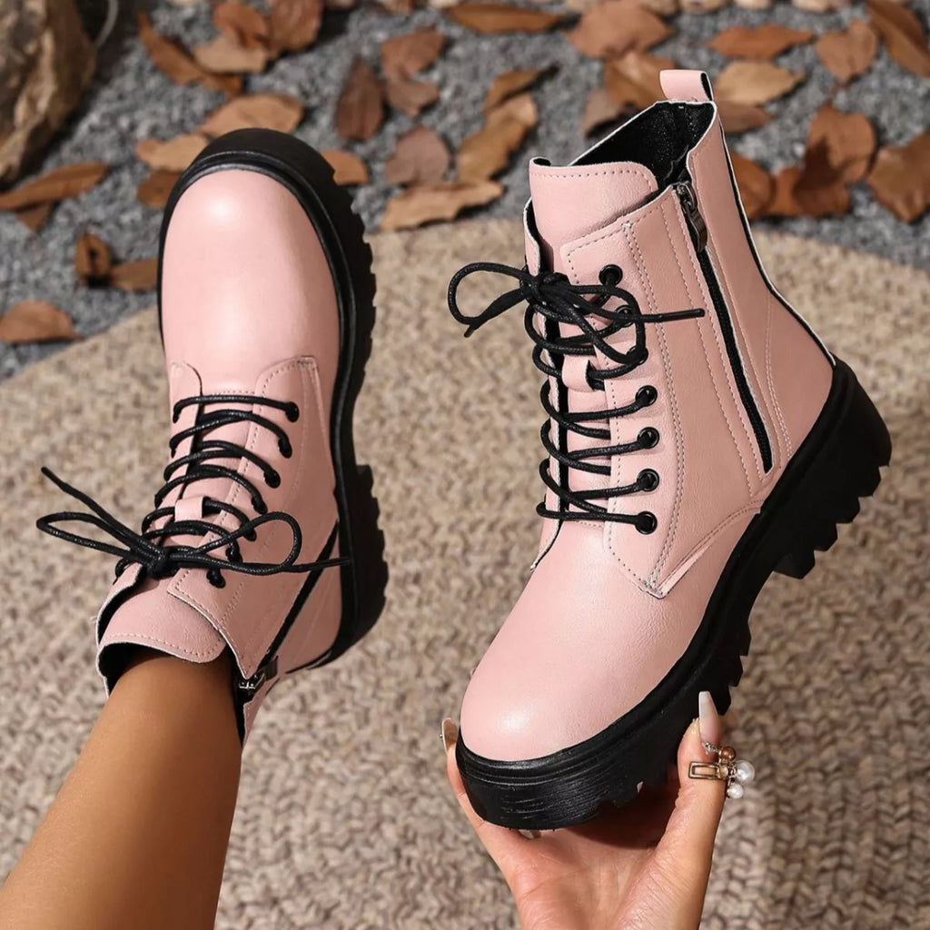 Women's Lace-Up Ankle Combat Boots | Low Heel PU Leather | Khaki Pink Brown