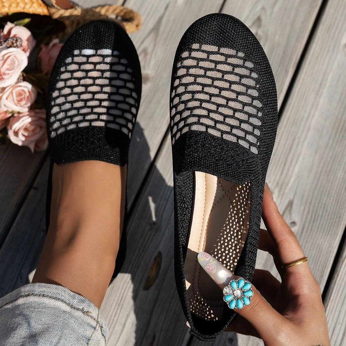 Mesh Breathable Slip-On Loafers with Perforated Design