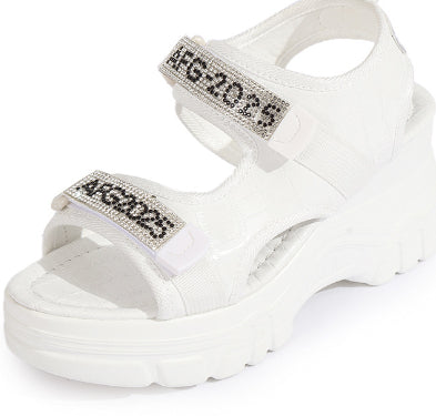 Women's Rhinestone Lettered Wedge Heel Sandals – Velcro Casual Platform Sandals in White & Black