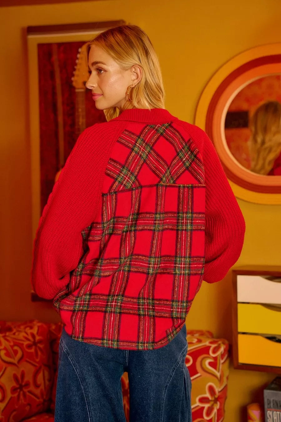 BiBi Plaid Buttoned Collared Top with Sweater Sleeve