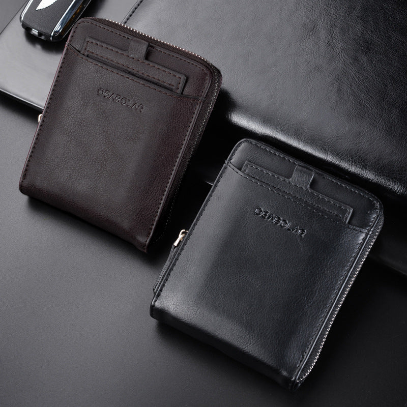 Men's Retro Multi-Card Zipper Wallet – PU Leather Slim Bifold with Coin Pocket