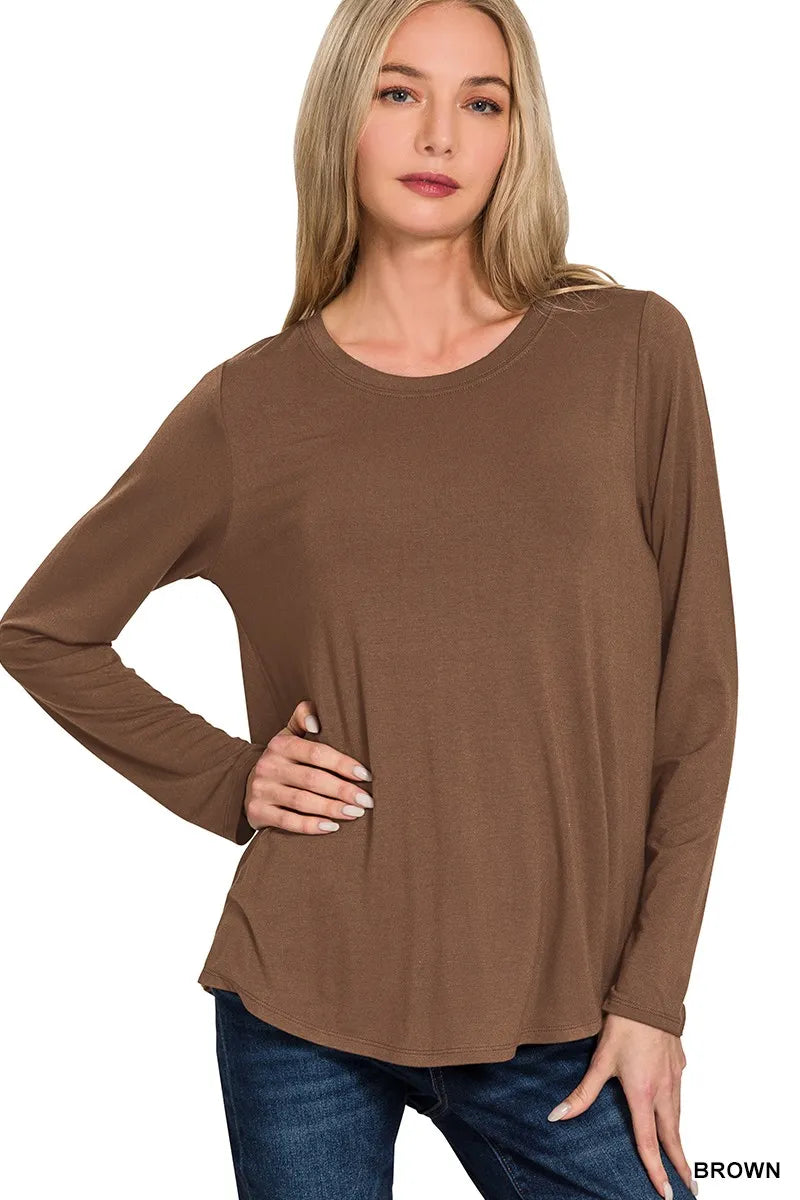 Zenana Flowy Round Hem Rayon Long Sleeve Top