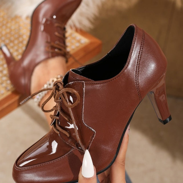 Women's Deep V-Cut Pointed Toe Chunky Heel Mid-Ankle Boots | Black & Dark Brown