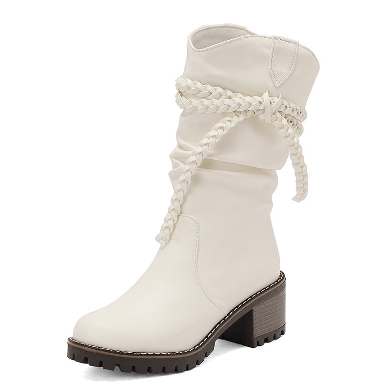 Women's Knitted Strap Mid-Calf Boots With Chunky Heels | Black & White