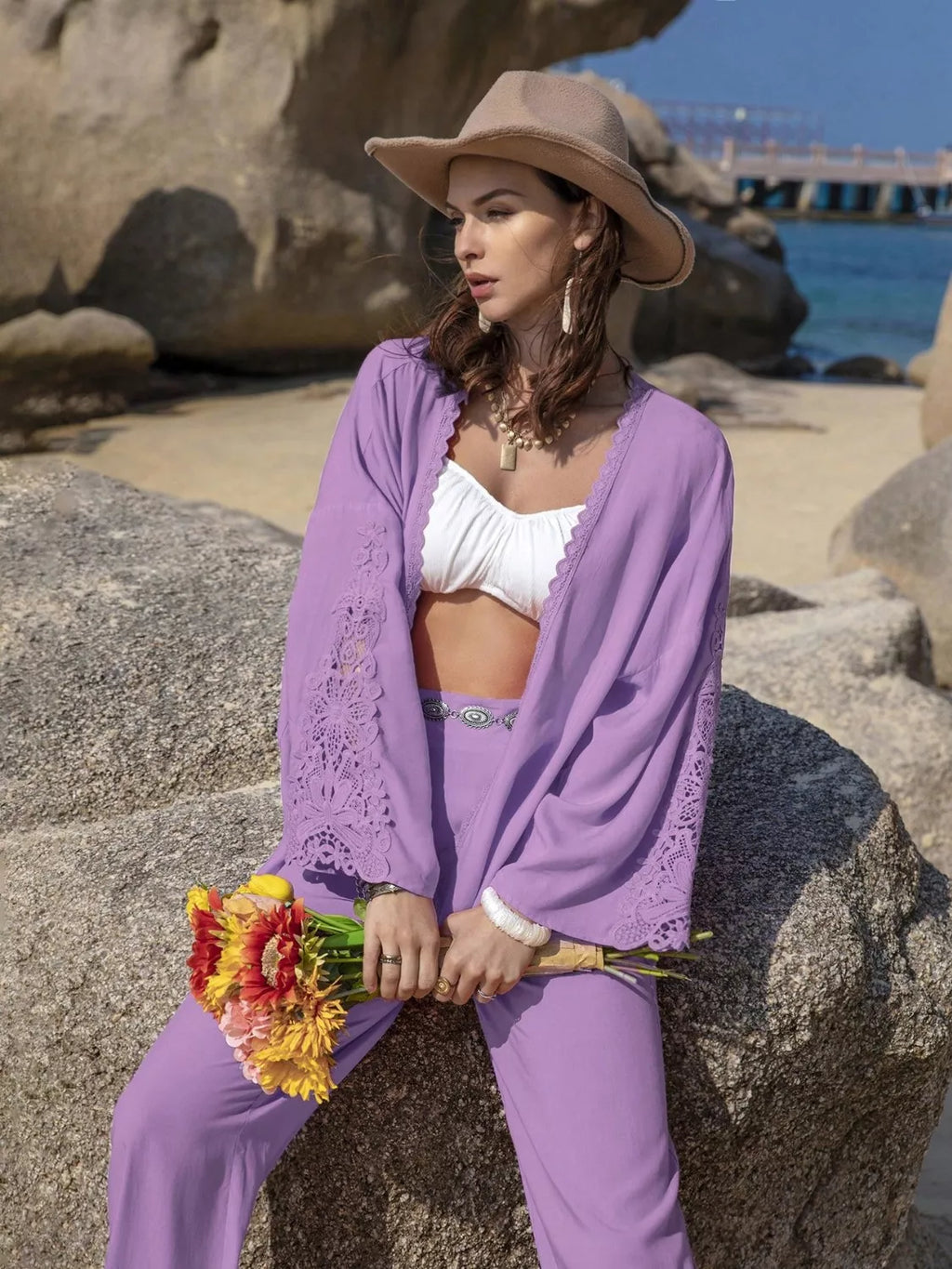 Lace Detail Open Front Cover Up and Pants Set