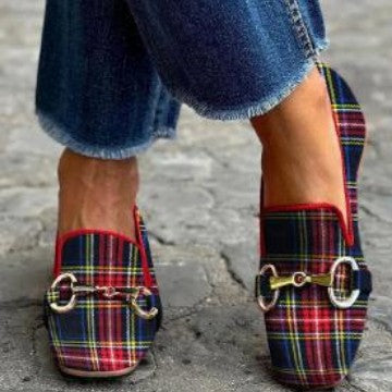 Women's Plaid Square-Toe Flat Buckle Shoes – Casual Low-Heel Plus-Size Flats